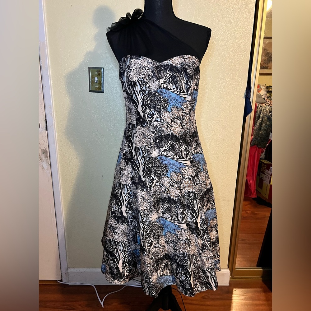 Tracy Reese One Shoulder Dress in Black and Blue Floral